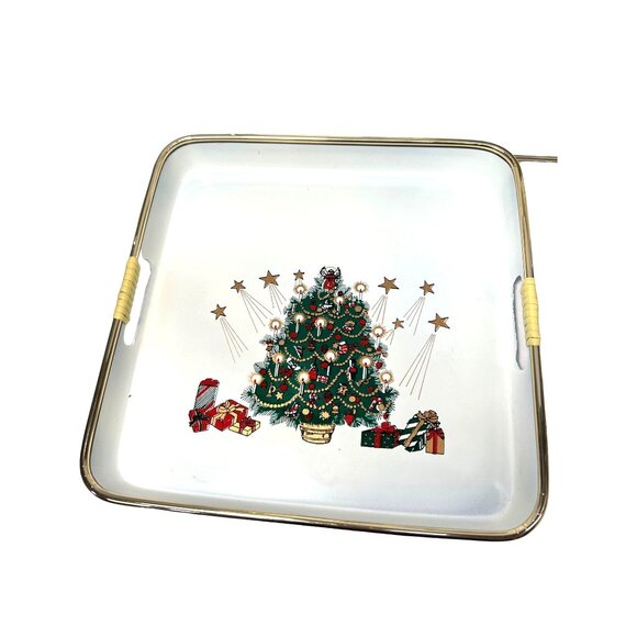 Vintage Christmas Tree Serving Tray Lacquerware Set Of 3 Trays With Gold Rim & H - Picture 4 of 7